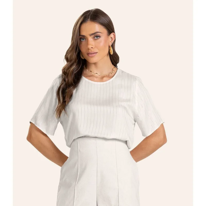 Blusa Viscose Listras manga curta Feminino Endless Bege GG