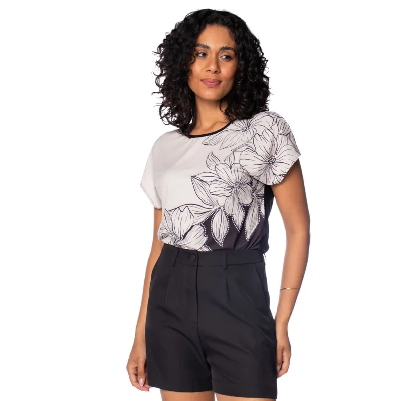 Blusa Feminina Rovitex Estampa Flores Preto/bege - M