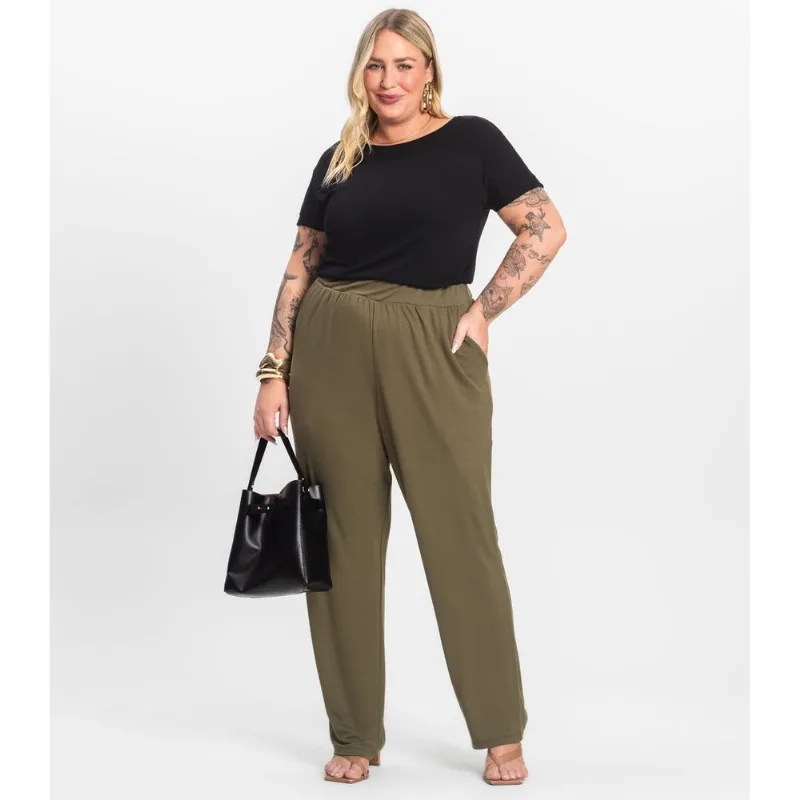 Calça Feminina Plus Size Em Molecotton Secret Glam Verde Plus G4