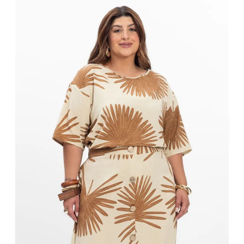 Blusa Manga Curta Feminina Plus Size Secret Glam Bege Plus G1
