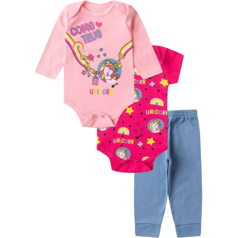 Kit Body Infantil Longo 3 Peças Kappes Rosa GG