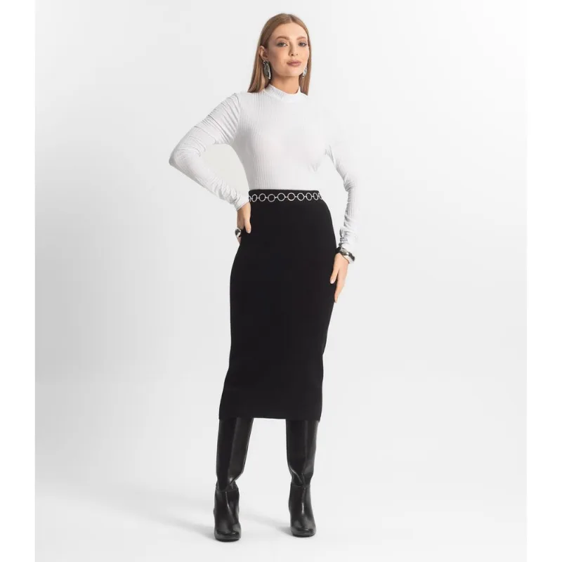 Saia Midi Feminina Tricot Epifani Preto P