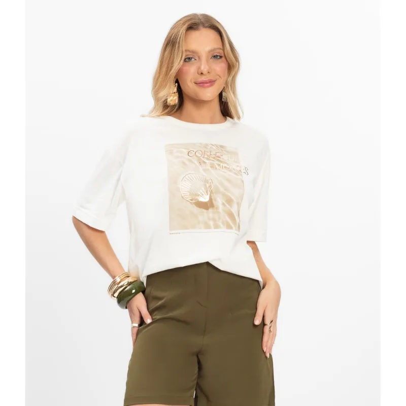 T- shirt Overzised Meia Malha Feminina Rovitex Bege G