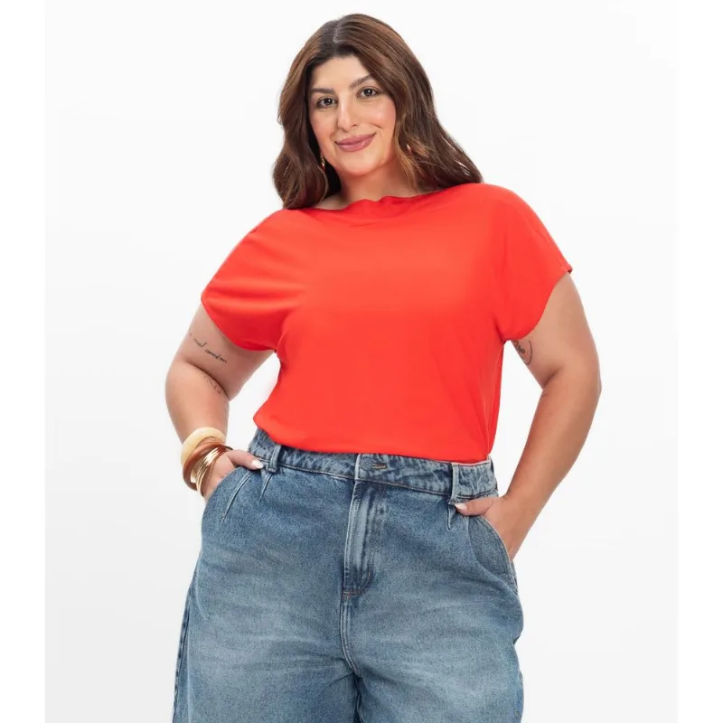 Blusa Manga Curta Feminina Plus Size Secret Glam Laranja Plus G3