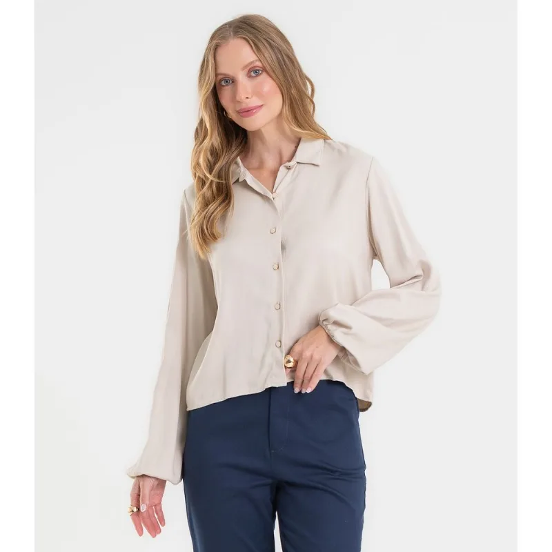Camisa Manga Longa Feminina Em Viscose Rovitex Bege GG
