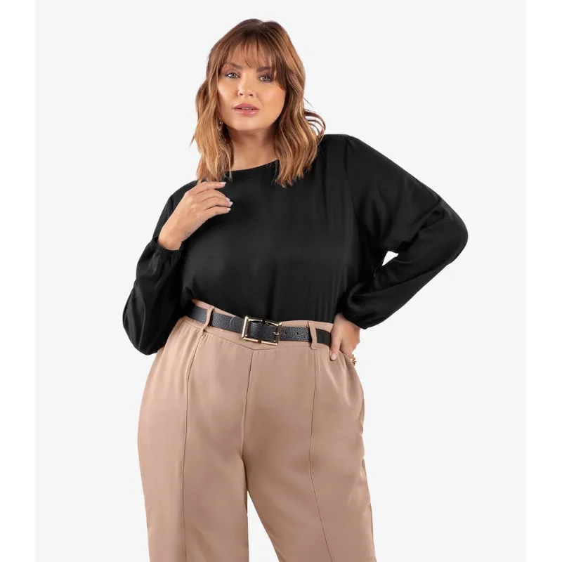 Blusa Manga Longa Viscose Plus Size Secret Glam Preto Plus G4