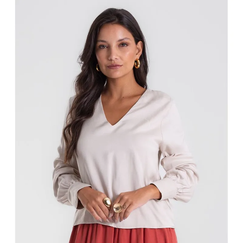 Blusa Feminina Manga Longa Decote V Endless Bege P