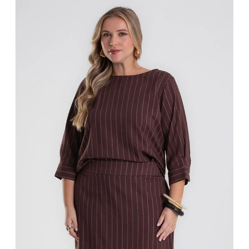 Blusa Manga 3/4 Twill Plus Size Secret Glam Marrom Plus G1