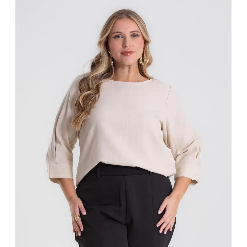Blusa Manga 3/4 Twill Plus Size Secret Glam Bege Plus G2
