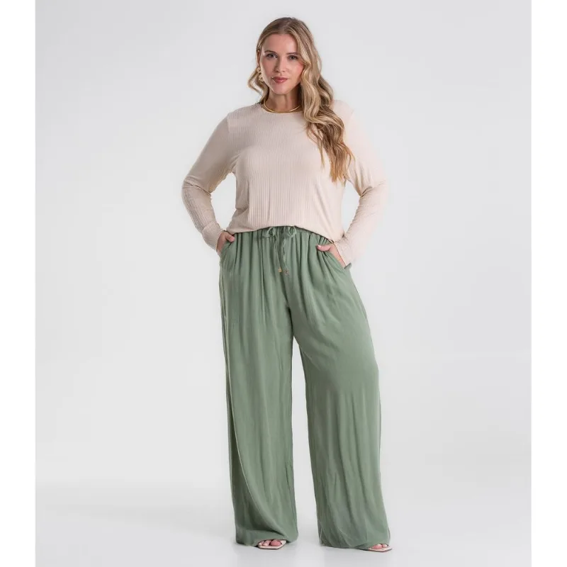 Calça Pantalona Linho Plus Size Secret Glam Verde Plus G3