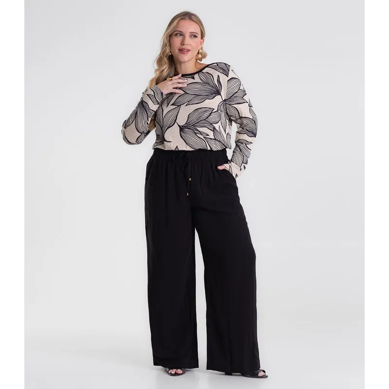 Calça Pantalona Linho Plus Size Secret Glam Preto Plus G2