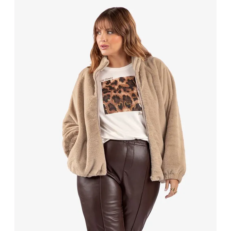 Jaqueta Feminina Peluciada Plus Size Secret Glam Marrom Plus G2