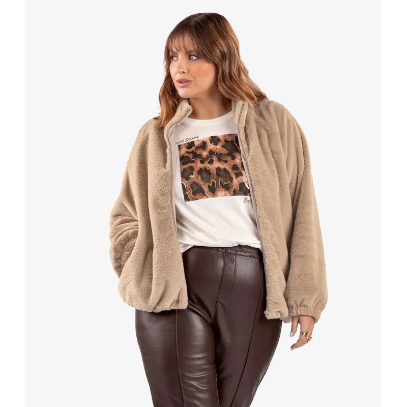 Jaqueta Feminina Peluciada Plus Size Secret Glam Marrom Plus G3