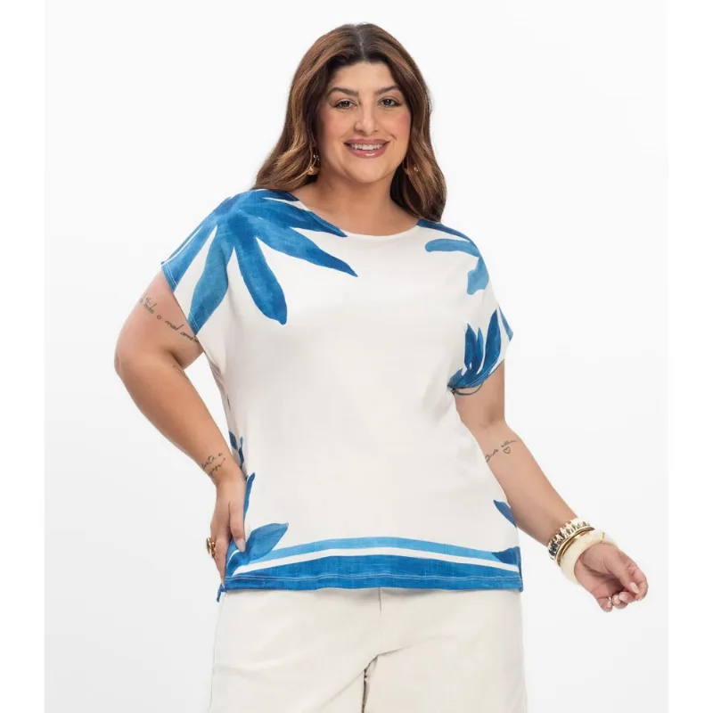 Blusa Manga Curta Feminina Plus Size Secret Glam Azul Plus G1