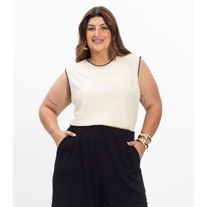 Regata Em Viscose Feminina Plus Size Secret Glam Bege Plus G4