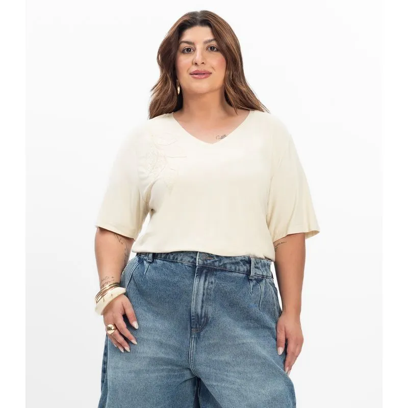 Blusa Manga Curta Feminina Plus Size Secret Glam Bege Plus G1