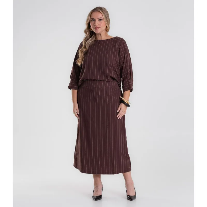 Saia Feminina Midi Twill Plus Size Secret Glam Marrom Plus G1