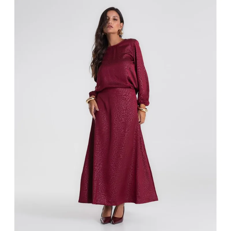 Saia Midi Jacquard Acetinado Onças Feminina Vermelho P