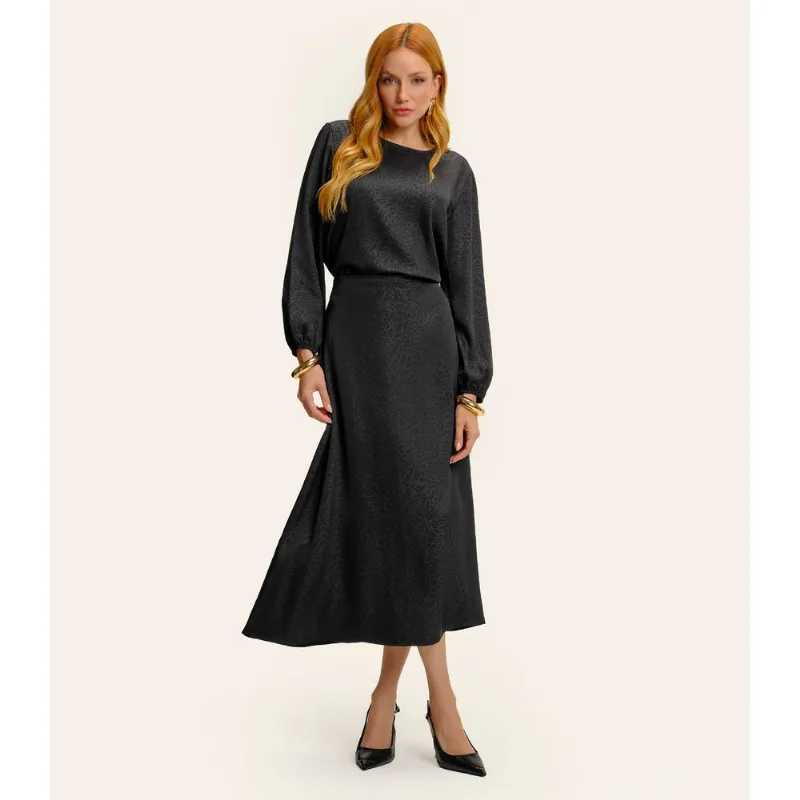 Saia Midi Jacquard Acetinado Onças Feminina Preto P