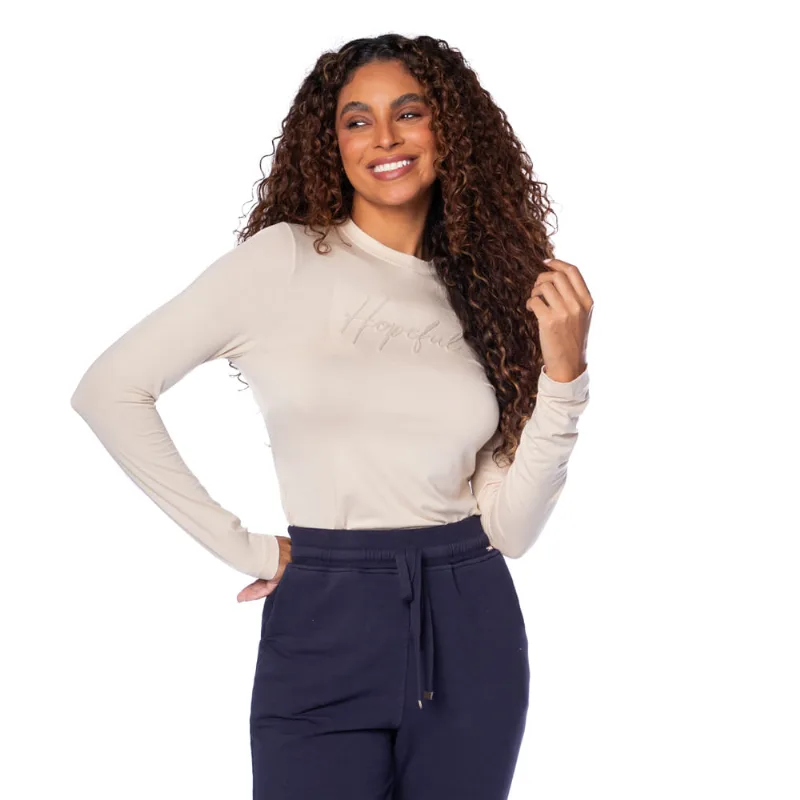 Blusa Feminina Rovitex Bordado Manga Longa Bege - GG