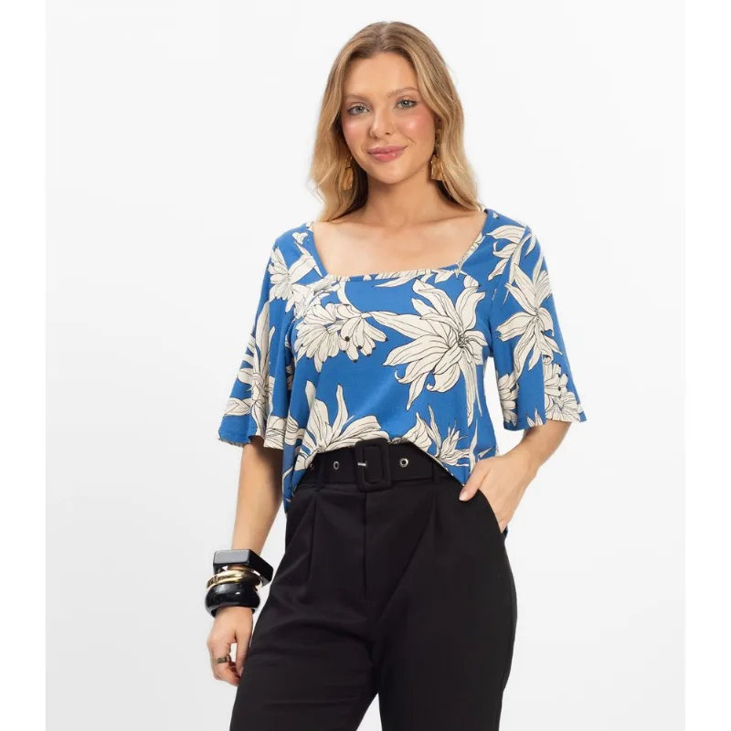 Blusa Cropped Feminina Visco Maquinetada Rovitex Azul M