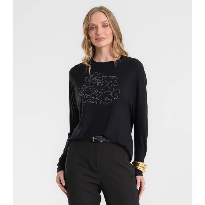 Blusa Feminina Manga Longa Estampada Rovitex Preto P