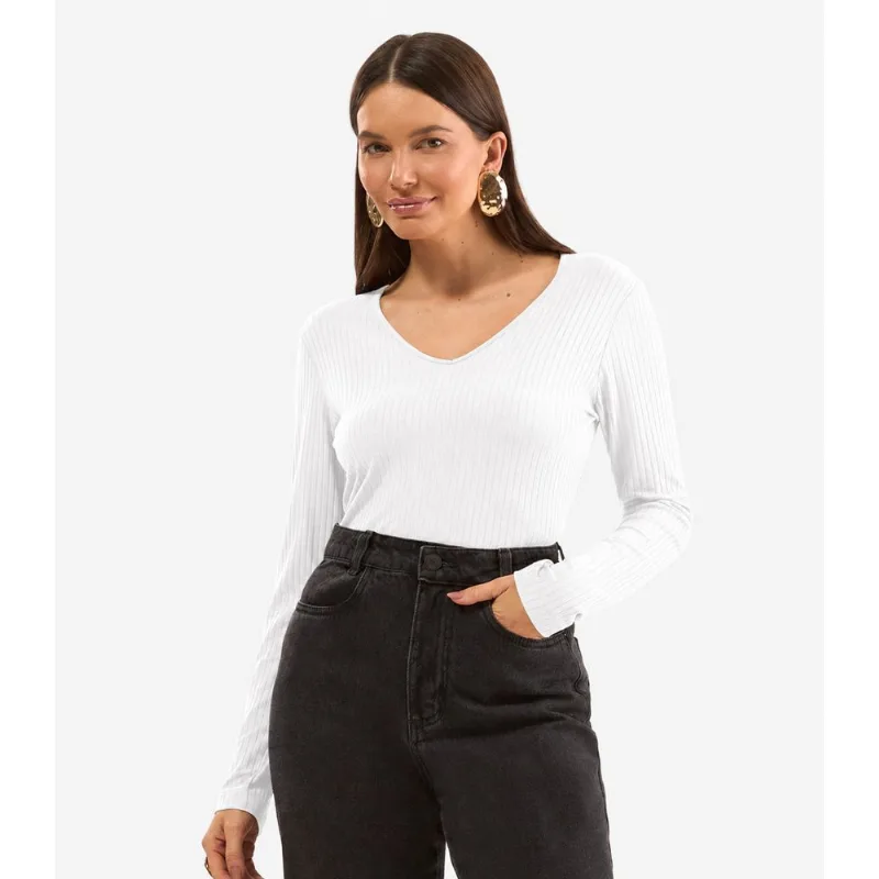 Blusa Manga Longa Em Ribana Canelada Rovitex Branco G