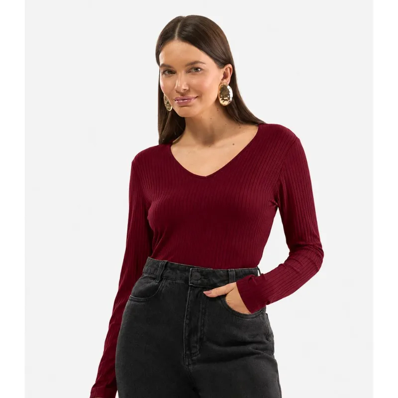 Blusa Manga Longa Em Ribana Canelada Rovitex Vermelho M