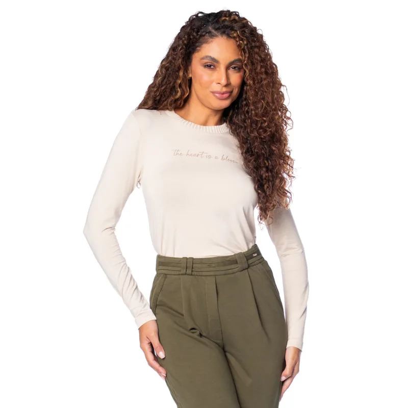 Blusa Feminina Rovitex Estampa Frase Manga Longa Bege - G