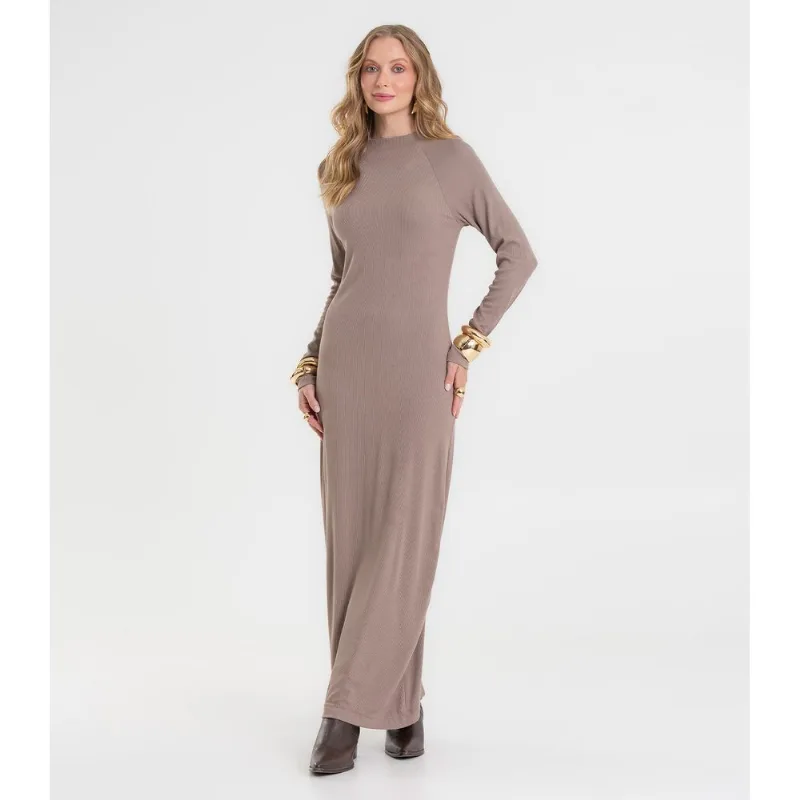 Vestido Midi Feminino Manga Longa Ribana Rovitex Marrom G