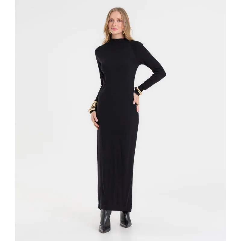Vestido Midi Feminino Manga Longa Ribana Rovitex Preto GG