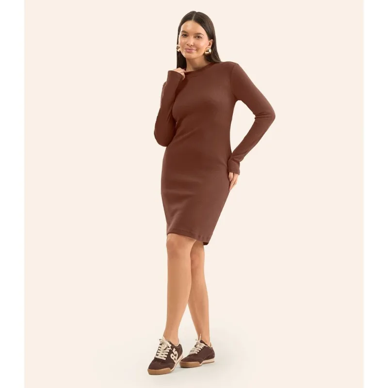 Vestido Feminino Manga Longa Ribana Básico Rovitex Marrom P