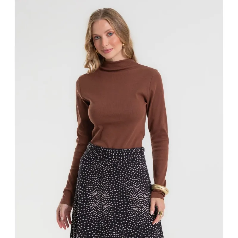 Blusa Manga Longa Ribana Básica Rovitex Marrom G