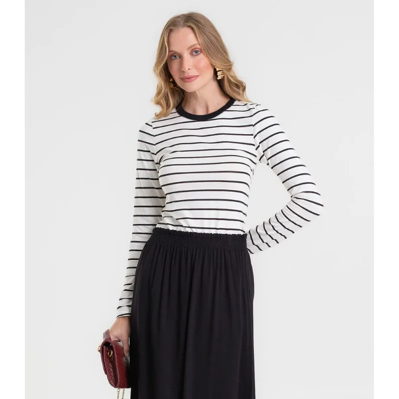 Blusa Manga Longa Feminina Listrada Básica Rovitex Bege GG