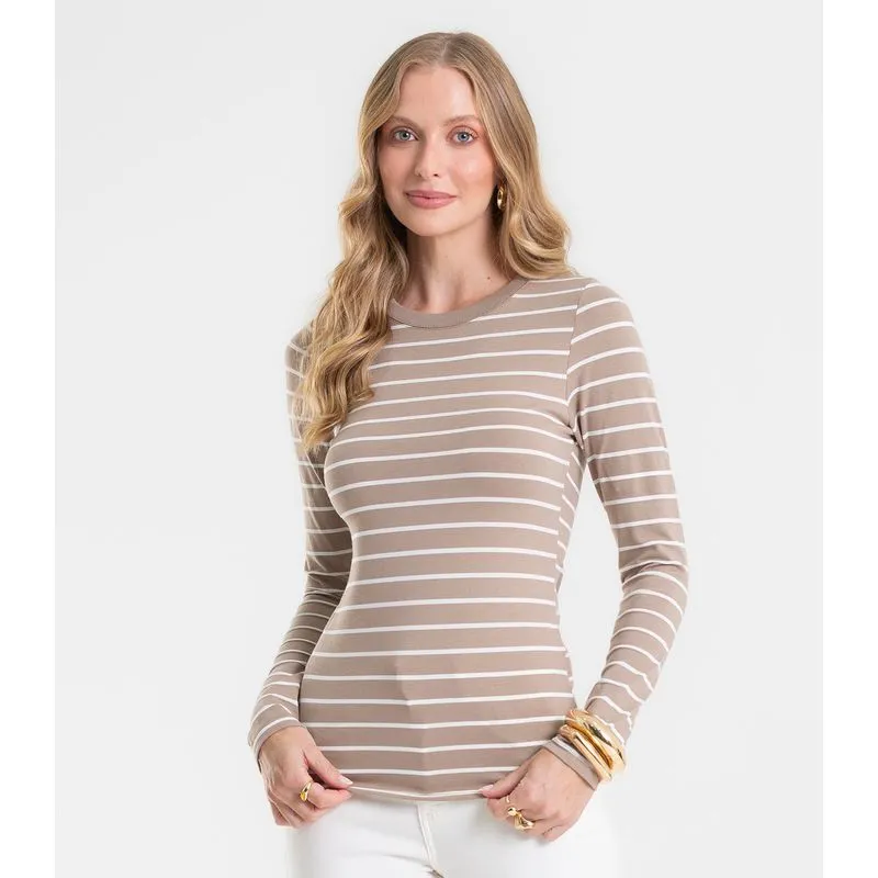 Blusa Manga Longa Feminina Listrada Básica Rovitex Marrom M