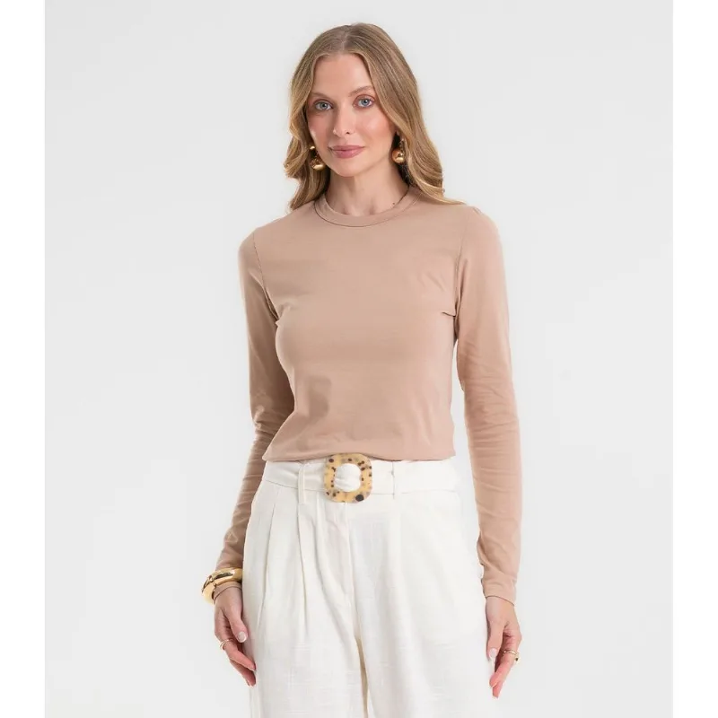 Blusa Feminina Manga Longa Cotton Básica Rovitex Marrom M