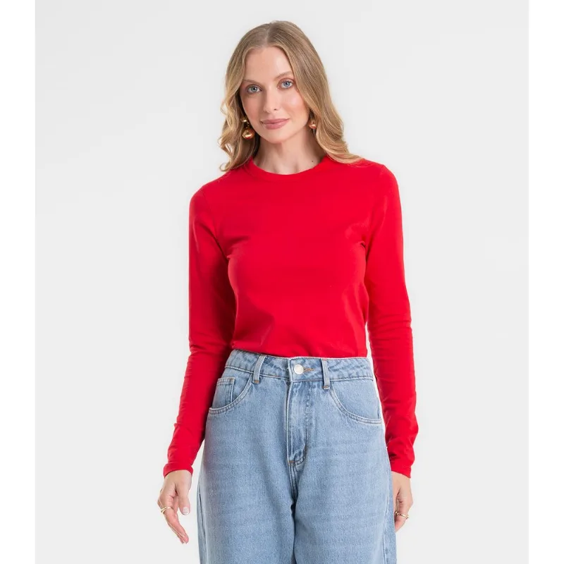 Blusa Feminina Manga Longa Cotton Básica Rovitex Vermelho P