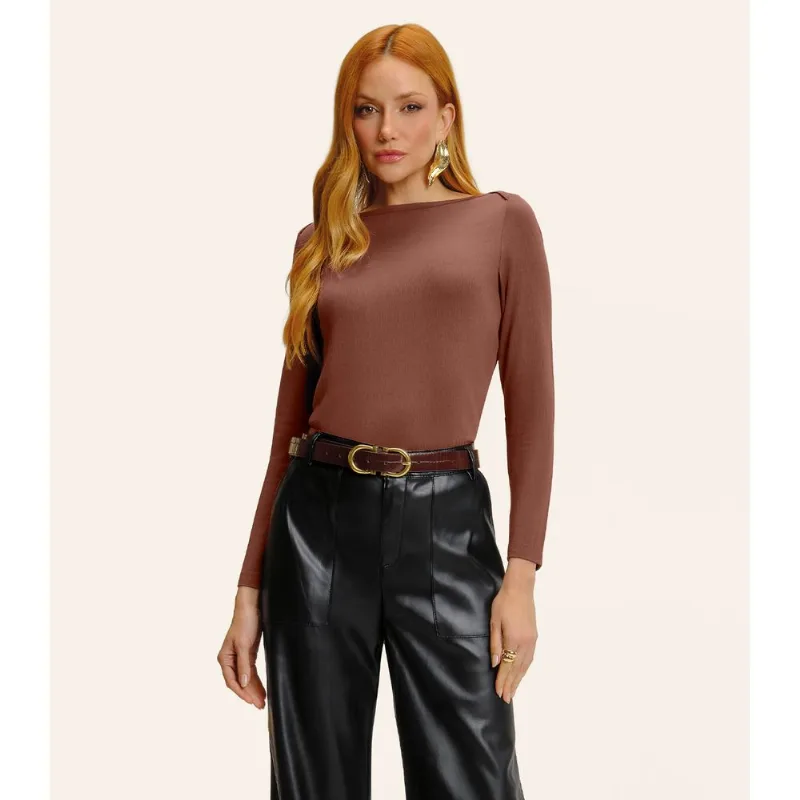 Blusa Feminina Manga Longa Decote Canoa Endless Marrom P