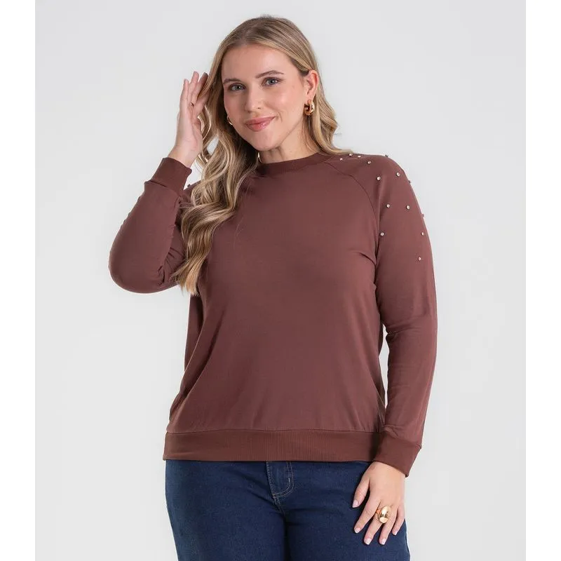 Blusão Feminino Molecotton Plus Size Secret Glam Marrom Plus G2