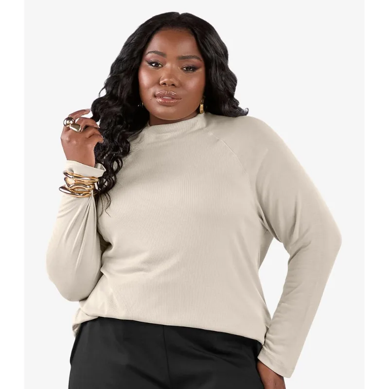Blusa Manga Longa Plus Size Secret Glam Bege Plus G4