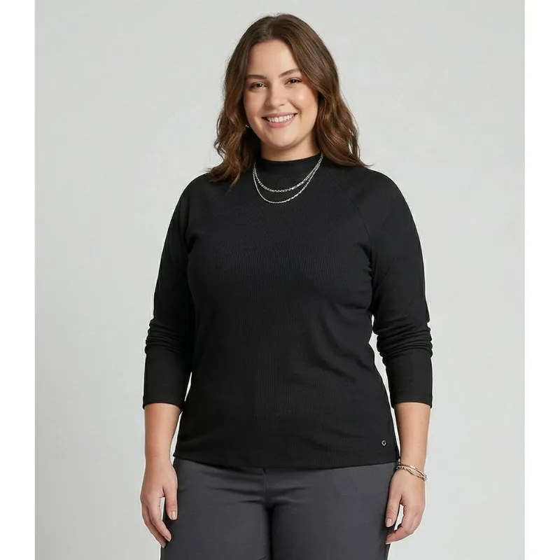 Blusa Manga Longa Plus Size Secret Glam Preto Plus G3