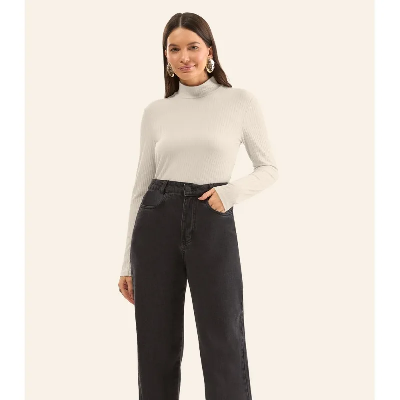 Blusa Manga Longa Ribana Canelada Rovitex Bege P