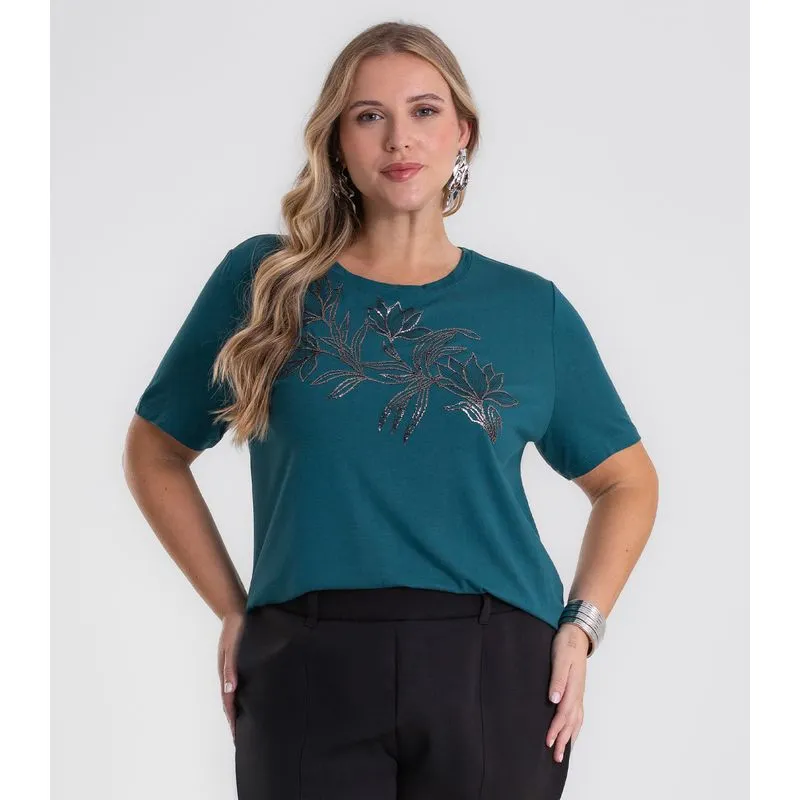 Blusa Manga Curta Com Estampa Plus Secret Glam Verde Plus G2