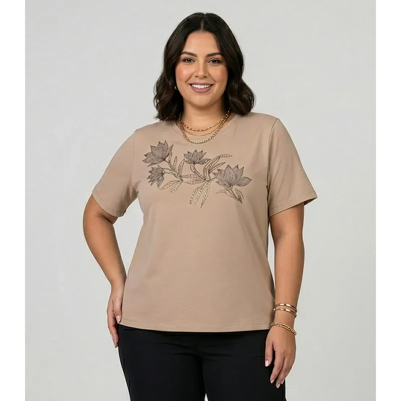 Blusa Manga Curta Com Estampa Plus Secret Glam Marrom Plus G2