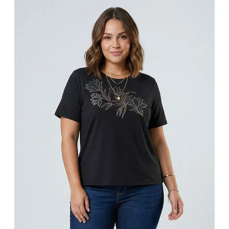 Blusa Manga Curta Com Estampa Plus Secret Glam Preto Plus G4