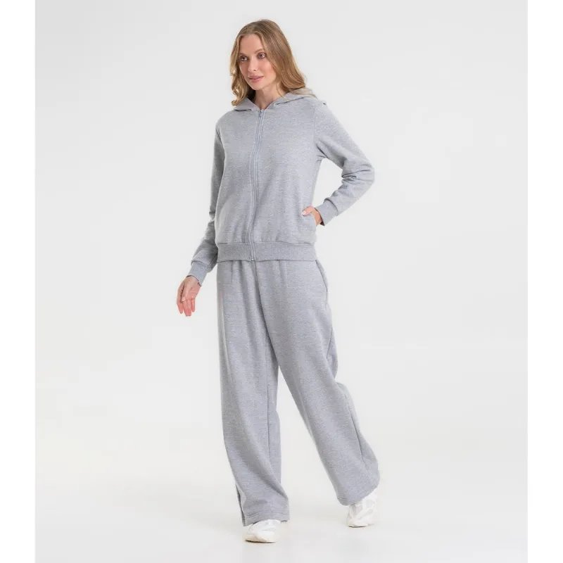 Calça Wide Leg Moletom Peluciado Básico Rovitex Cinza P