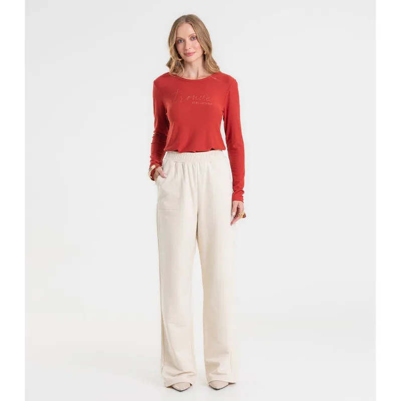 Calça Wide Leg Moletom Peluciado Básico Rovitex Bege GG