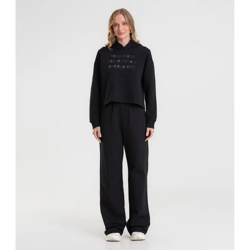 Calça Wide Leg Moletom Peluciado Básico Rovitex Preto M