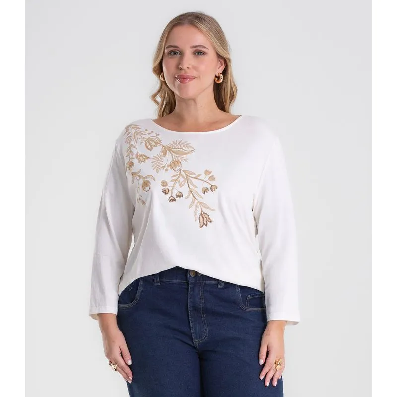 Busa De Manga Longa Bordado Plus Size Secret Glam Bege Plus G1