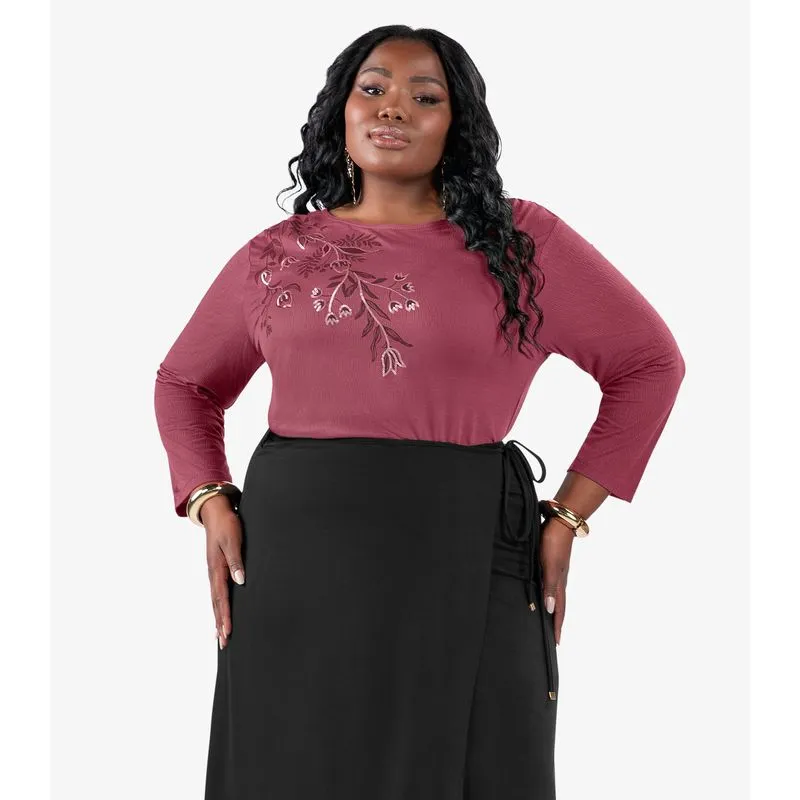 Busa De Manga Longa Bordado Plus Size Secret Glam Vermelho Plus G3